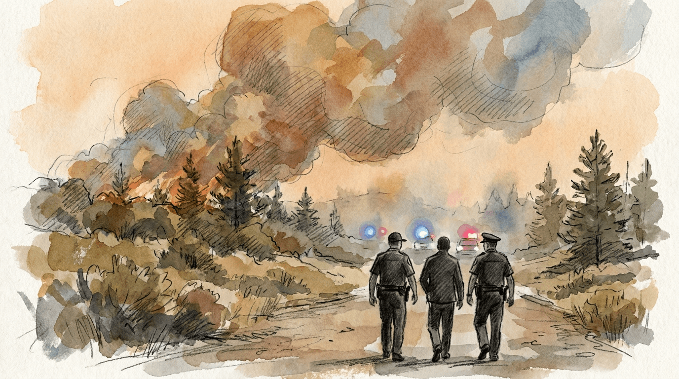 Illustration en style croquis judiciaire d'un incendie de garrigue près de Perpignan, avec un suspect escorté par des policiers