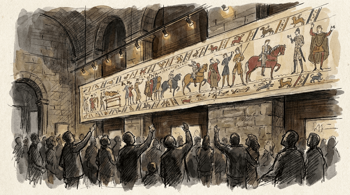 Illustration de la Tapisserie de Bayeux exposée dans une grande galerie du British Museum de Londres, visiteurs en silhouette admirant la broderie médiévale de 70 mètres retraçant la conquête normande de l'Angleterre par Guillaume le Conquérant.