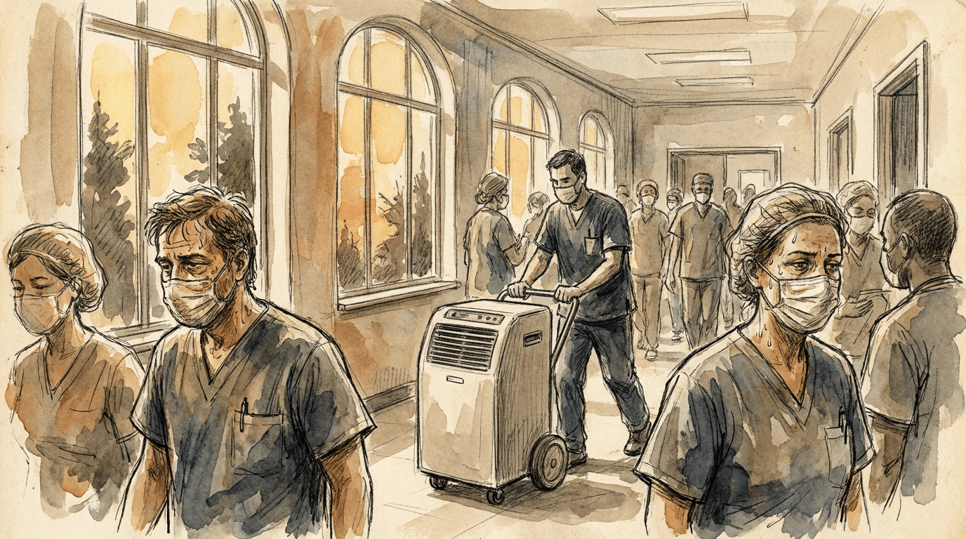 Illustration journalistique d'un couloir d'hôpital français pendant la canicule de juillet 2026, un technicien pousse un climatiseur mobile devant du personnel soignant épuisé par la chaleur.
