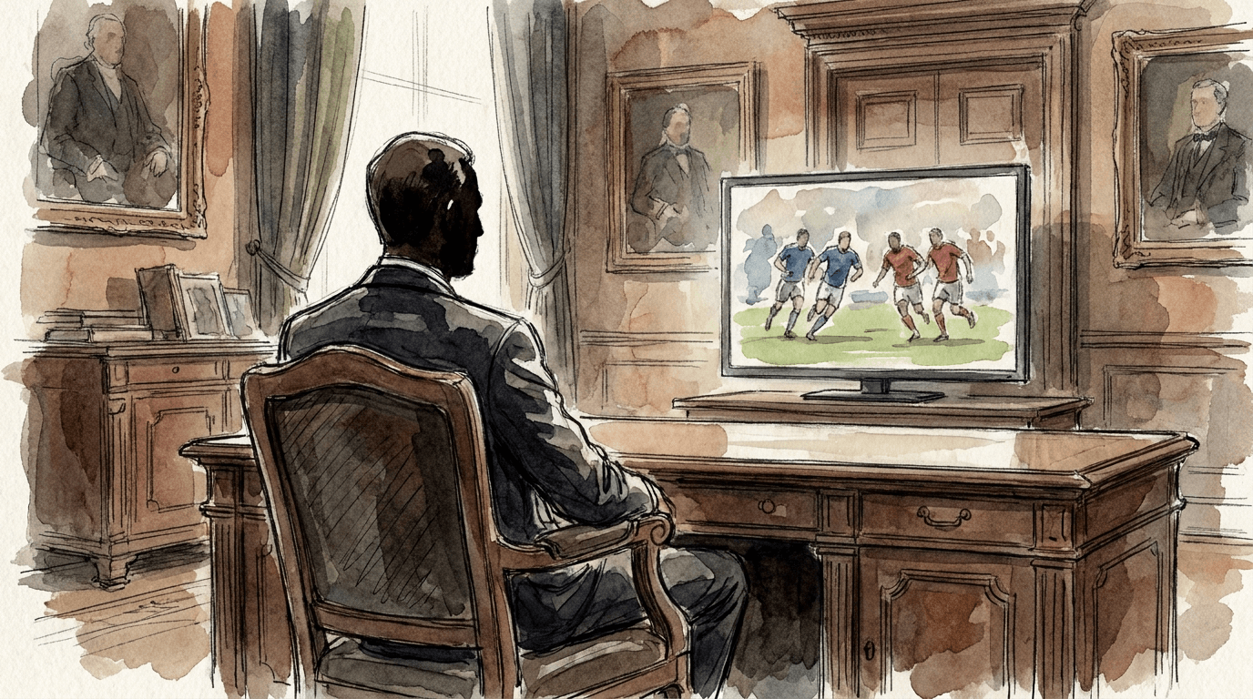 Illustration en style croquis aquarelle et encre : une silhouette en costume sombre regarde un match de football diffusé à la télévision depuis un bureau officiel, évoquant un chef d'État suivant la demi-finale de Coupe du monde France-Espagne 2026 à distance.