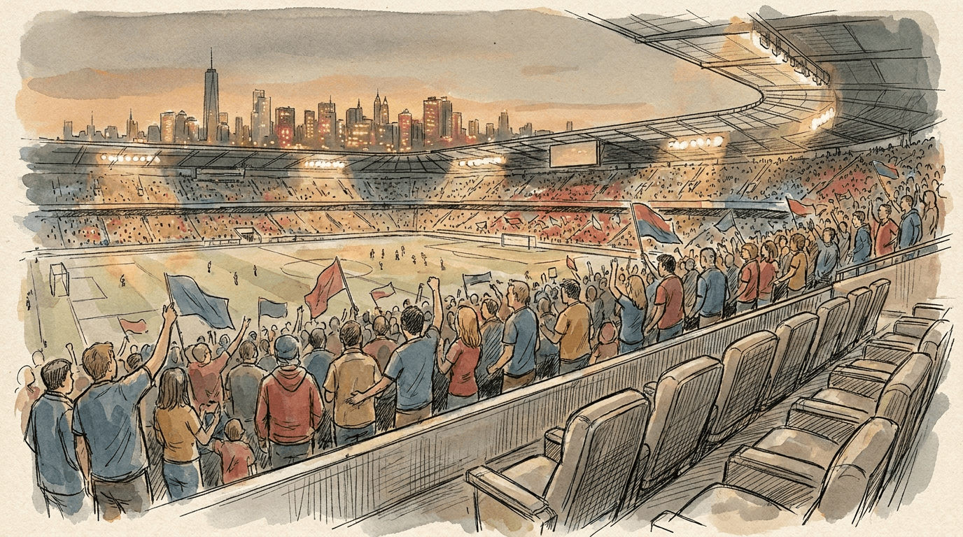 Illustrazione in stile schizzo ad acquarello e inchiostro: una silhouette in abito scuro guarda una partita di calcio in televisione da un ufficio ufficiale, evocando un capo di Stato che segue a distanza la semifinale di Coppa del Mondo 2026 Francia-Spagna.