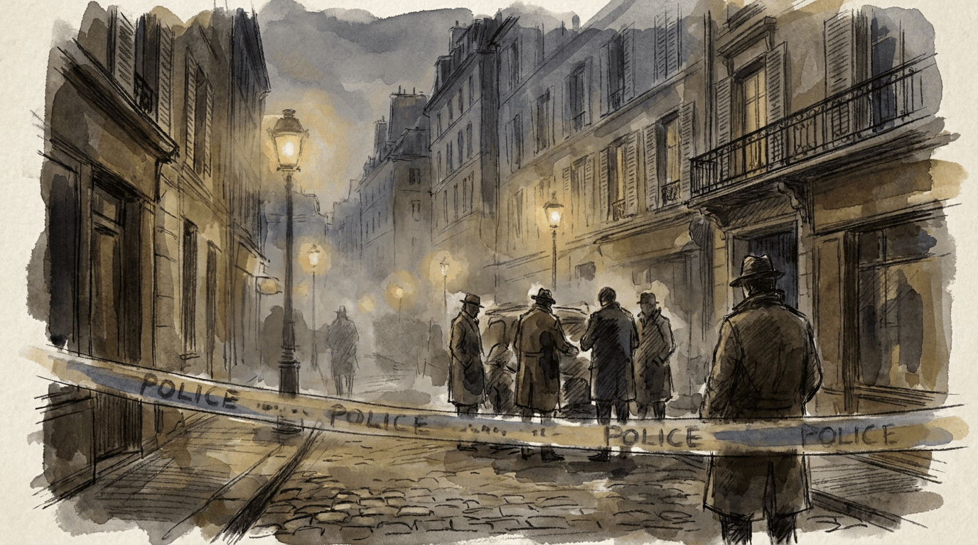 Illustration journalistique en style croquis aquarelle d'une rue parisienne la nuit, avec un ruban de police au premier plan et des enquêteurs anonymes en arrière-plan devant des immeubles haussmanniens, évoquant une scène d'enquête pour homicide dans le nord de Paris.