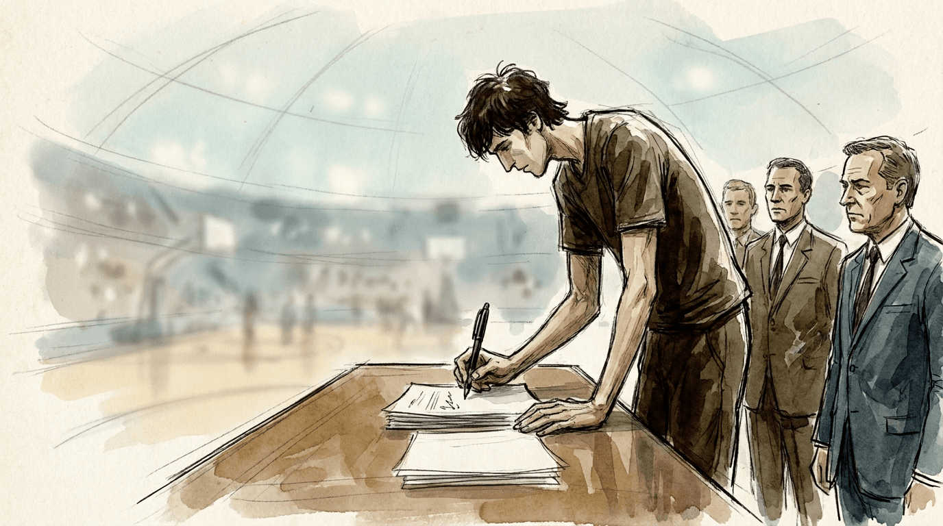 Illustration journalistique à l'aquarelle représentant un très grand joueur de basket-ball signant un contrat à une table, entouré de représentants d'une franchise NBA, dans une atmosphère d'arène intérieure.