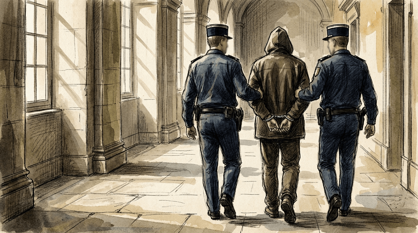 Illustration journalistique en style aquarelle et crayon : un homme menotté escorté par des gendarmes dans un couloir de palais de justice (plan rapproché), puis vue extérieure d'un véhicule de gendarmerie garé à l'entrée d'un camping dans la forêt de pins des Landes au crépuscule.