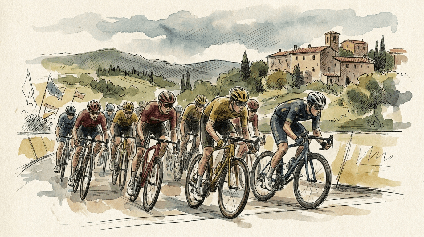Illustration journalistique montrant des cyclistes du Tour de France 2026 sprintant vers la ligne d'arrivée lors de la 8e étape en Dordogne, avec un paysage de campagne française vallonnée en arrière-plan.