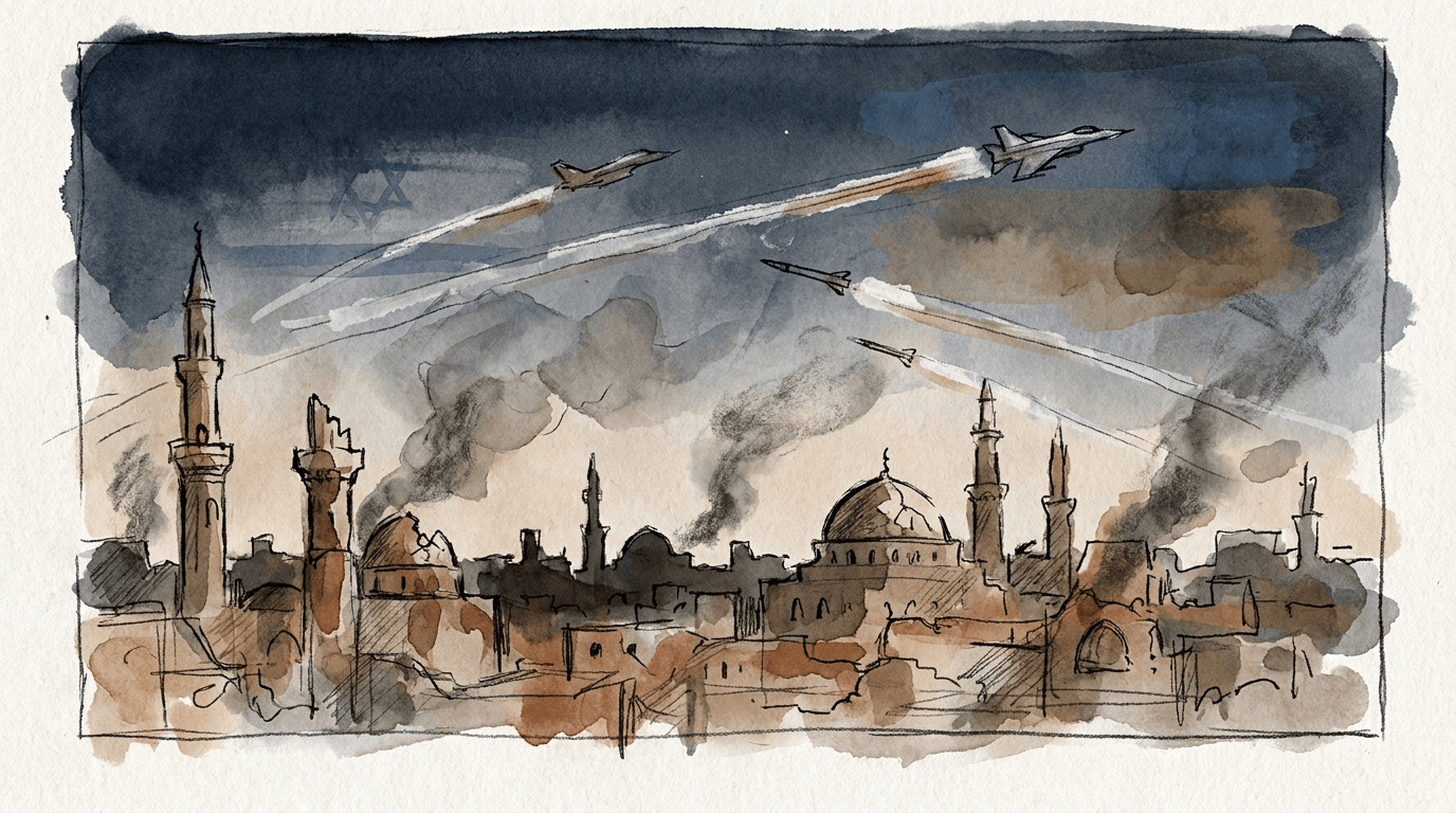 Illustration de presse représentant un ciel nocturne traversé de jets militaires et de traînées de missiles au-dessus de la silhouette d'une ville du Moyen-Orient en ruines, avec des panaches de fumée s'élevant des bâtiments.