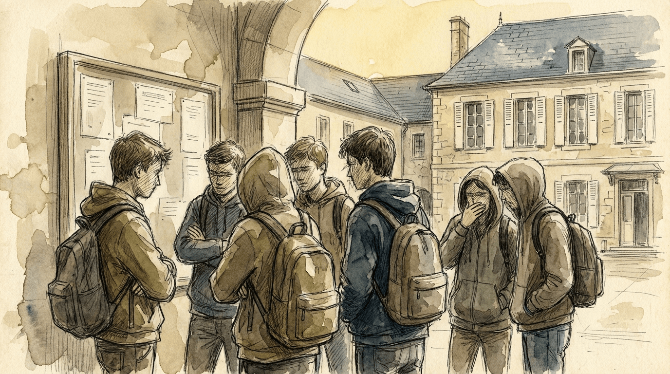 Illustration de collégiens et de leurs familles consultant les résultats du brevet des collèges 2026 devant un établissement scolaire français, entre soulagement et déception.