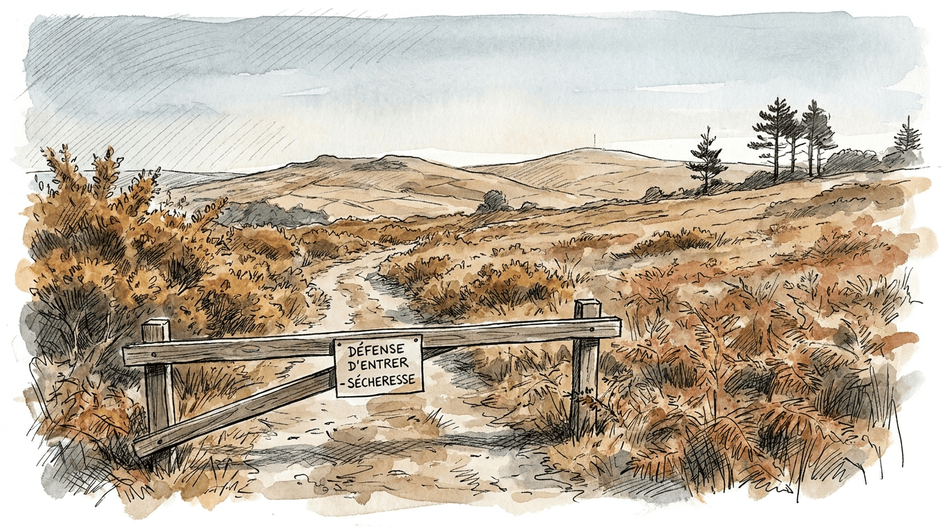 Illustration journalistique d'une lande bretonne asséchée avec une barrière et un panneau d'interdiction bloquant un sentier dans le Finistère, sous un ciel de canicule estivale.