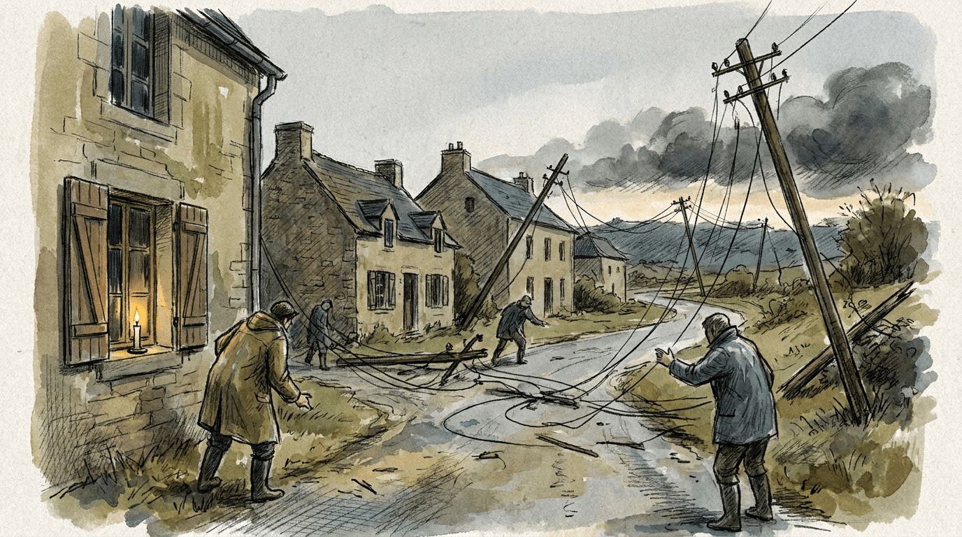 Illustration montrant un village rural du Sud-Ouest de la France à l'aube après un orage nocturne : pylônes électriques brisés et lignes électriques à terre sur une route de campagne, maisons en pierre plongées dans l'obscurité faute de courant.