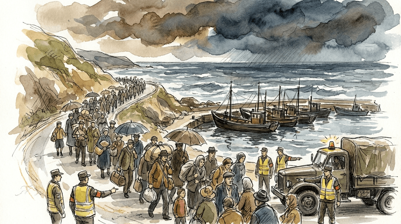 Illustration journalistique représentant une évacuation massive de civils le long d'une route côtière de l'est de la Chine, sous des nuages de typhon menaçants, à l'approche du typhon Bavi le 11 juillet 2026.