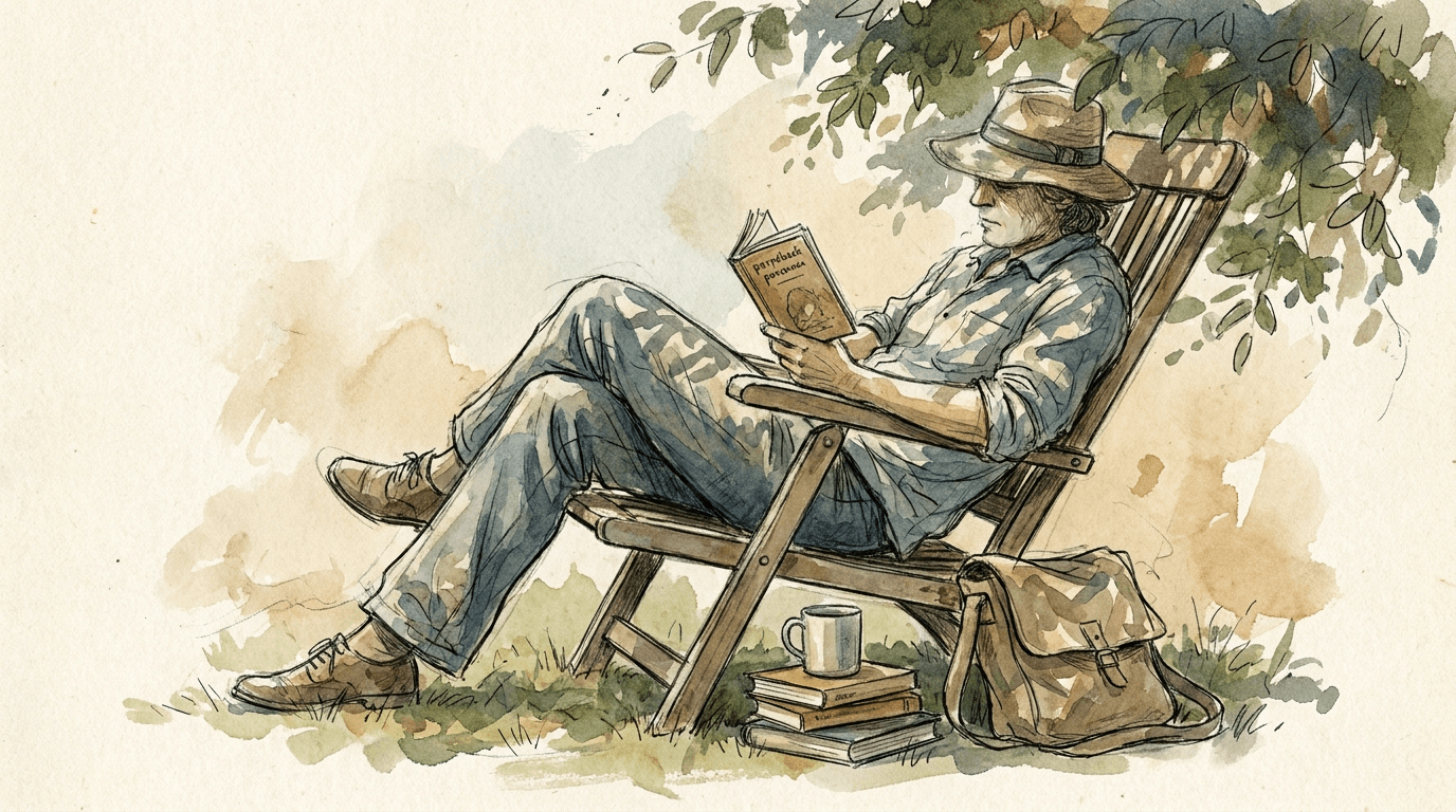 Illustration aquarelle d'une personne lisant un roman dans un fauteuil de jardin en été, entourée d'une pile de livres posée sur le sol.