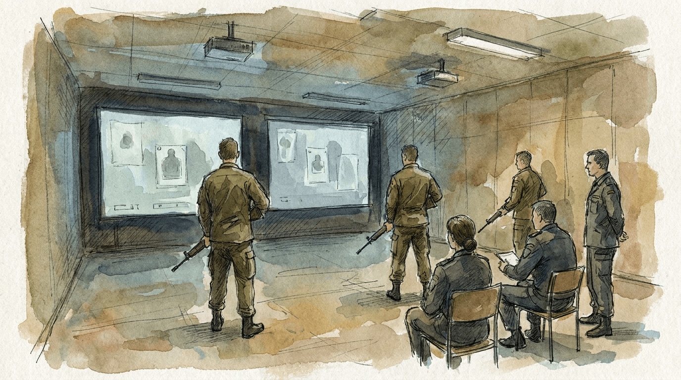 Soldats de l'armée suisse dans une salle d'entraînement intérieure, debout face à des écrans de simulateurs de tir affichant des cibles, dans une atmosphère tamisée et institutionnelle.