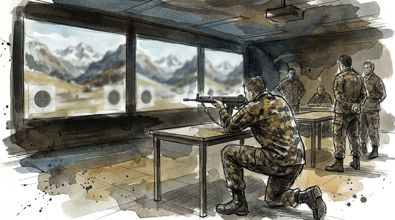 A Swiss soldier in uniform aims a rifle at a virtual target projected on a large screen inside a darkened shooting simulator room, with other military personnel observing in the background.