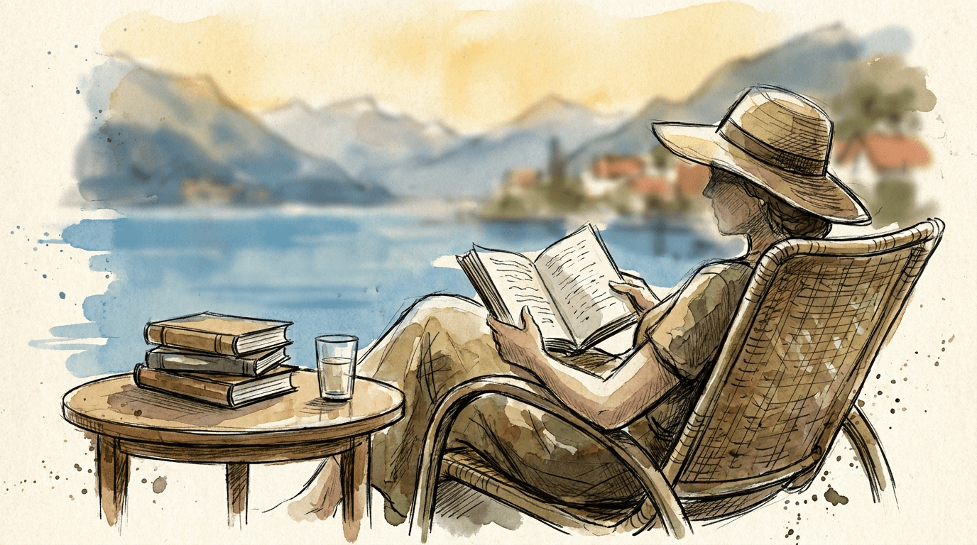 Aquarell- und Tuscheillustration einer Person, die auf einer Sommerterrasse einen Roman liest, mit einem Bücherstapel auf einem Gartentisch und einem angedeuteten Schweizer See im Hintergrund