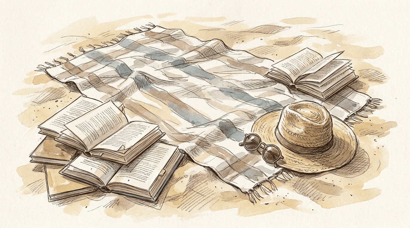Illustrazione ad acquerello e inchiostro di una persona che legge un romanzo su una terrazza estiva, con una pila di libri su un tavolo da giardino e un lago svizzero sullo sfondo