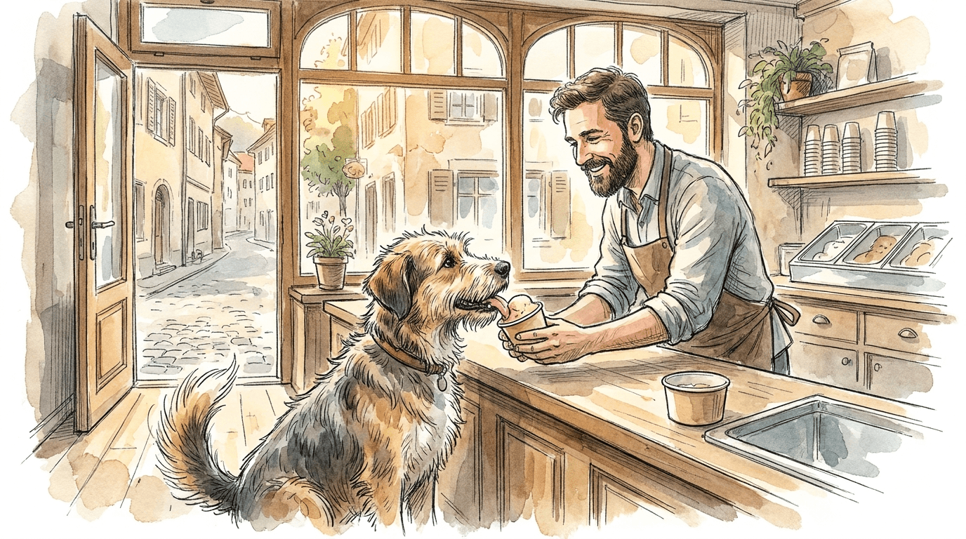 Un chien reçoit une glace artisanale sans lactose ni sucre raffiné dans la gelateria Maxsimo de Guin, en Suisse.