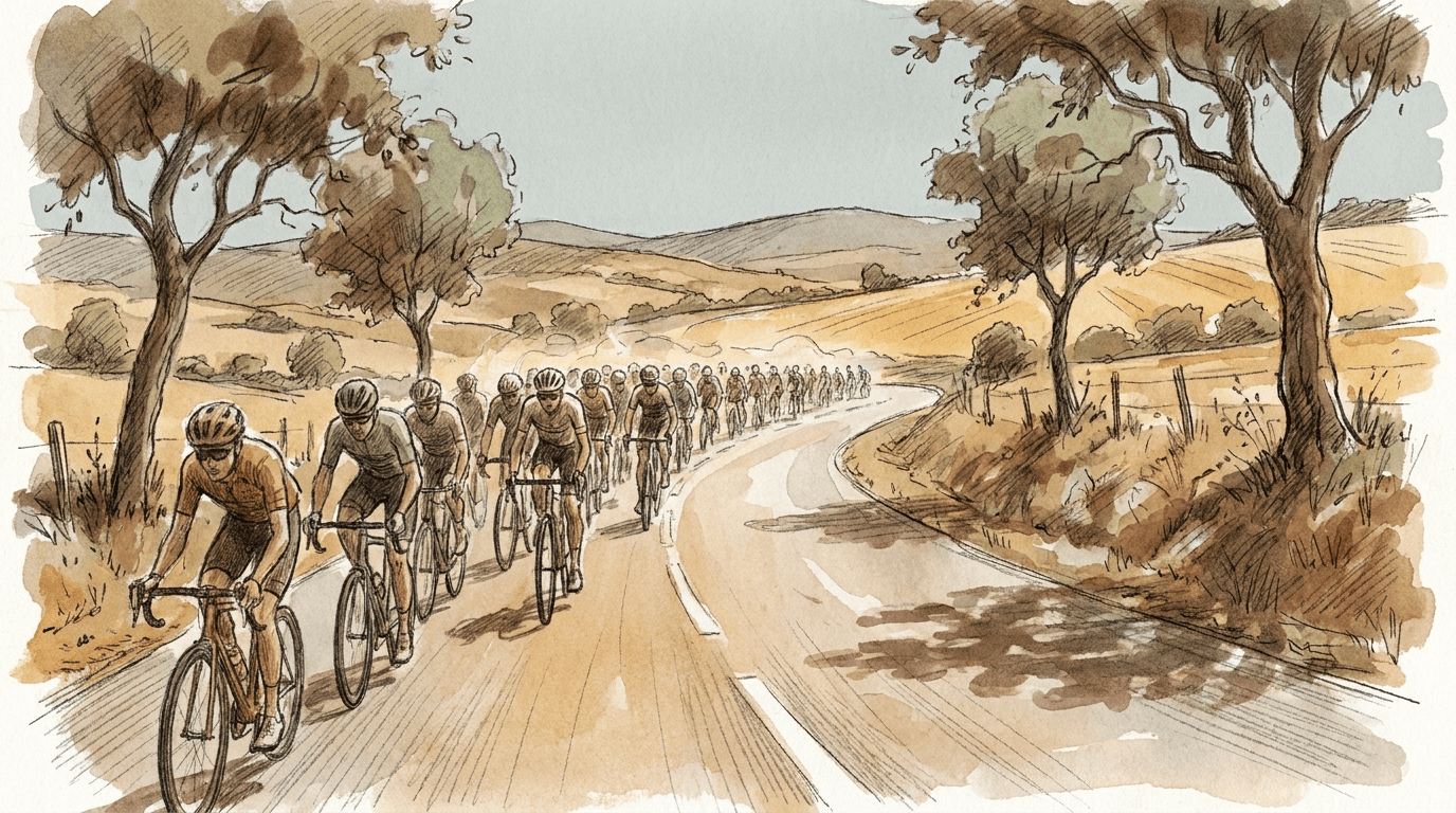 Le peloton du Tour de France 2026 roule sous une chaleur accablante sur une route de Corrèze, des spectateurs cherchant l'ombre en bord de route lors de la 9e étape raccourcie en raison de la canicule.