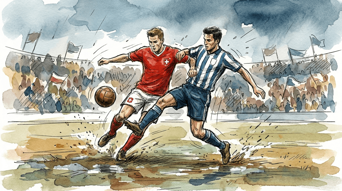 Illustration journalistique représentant deux joueurs de football en duel sur la pelouse, l'un en maillot rouge suisse, l'autre en maillot rayé bleu et blanc argentin, lors du quart de finale Suisse-Argentine de la Coupe du monde 2026.