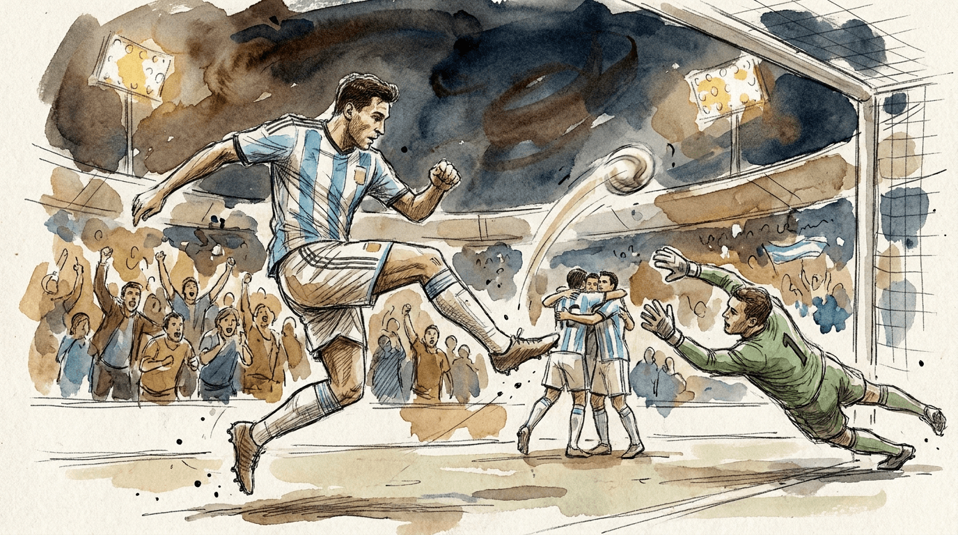 Un joueur en maillot bleu ciel et blanc frappe le ballon en pivot depuis l'extérieur de la surface lors d'un quart de finale nocturne de Coupe du monde, le gardien adverse plongeant en vain sous les projecteurs du stade.
