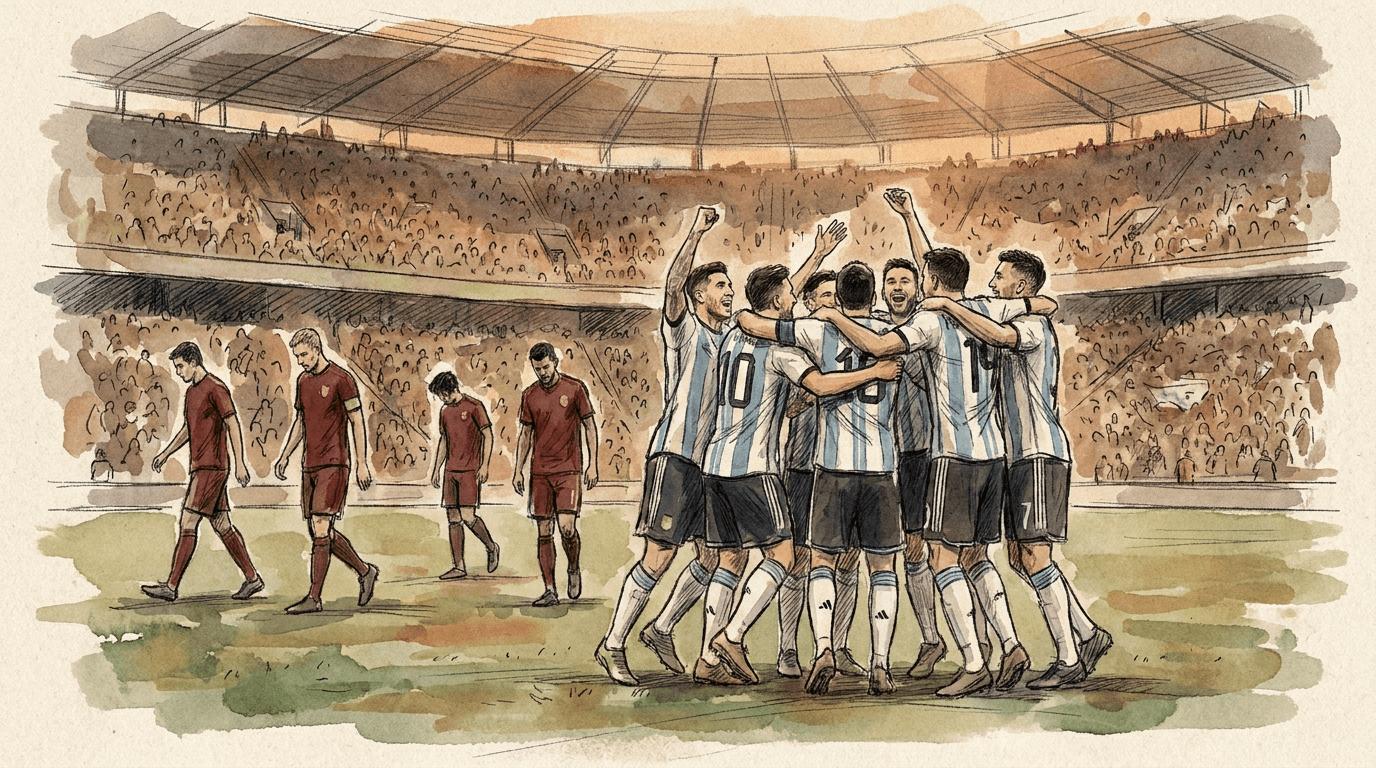 Illustration journalistique en aquarelle et encre : des footballeurs argentins en maillots bleu ciel et blanc célèbrent leur qualification en demi-finale de la Coupe du monde 2026 sur la pelouse de Kansas City, tandis que les joueurs suisses en rouge, réduits à dix, quittent le terrain sous les projecteurs du stade.