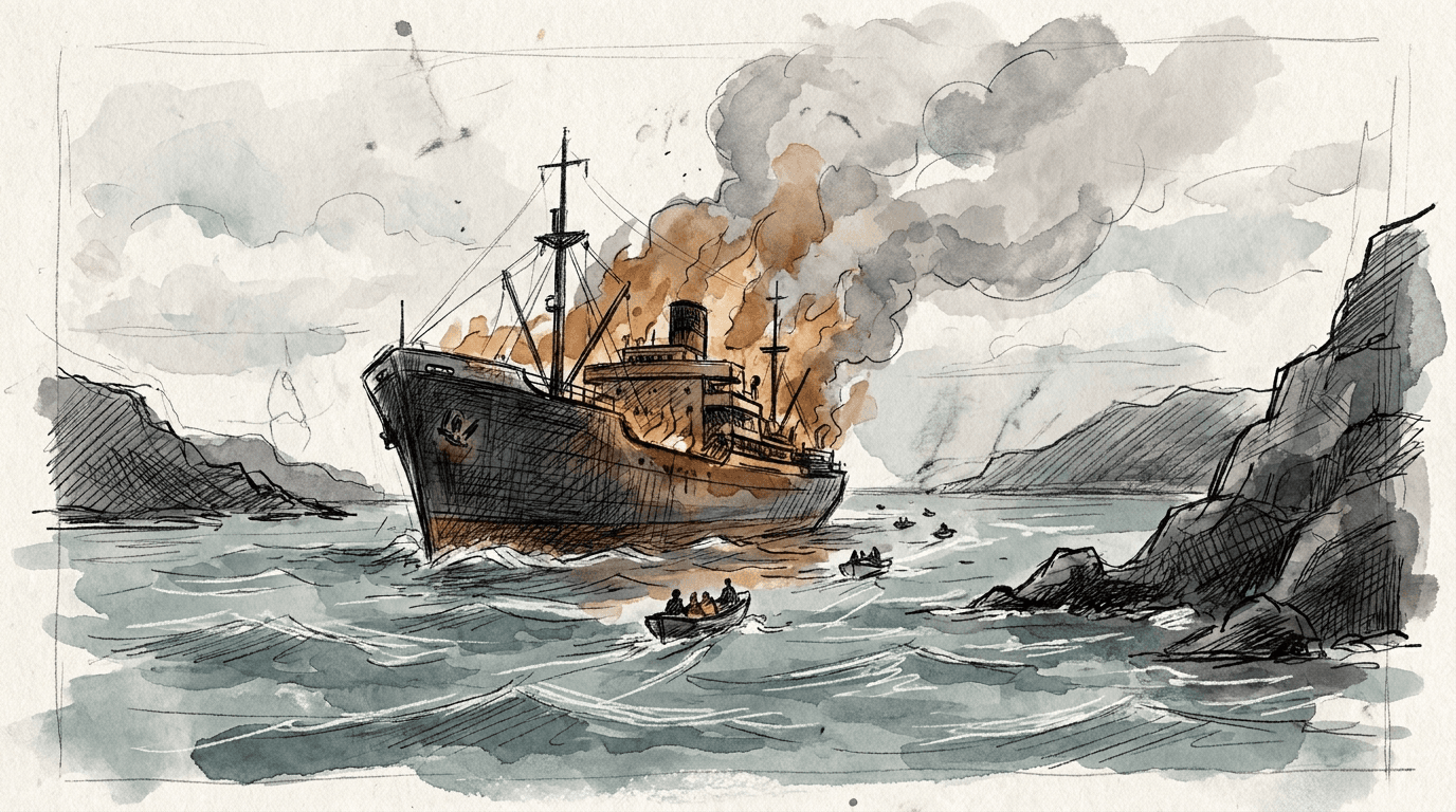 Illustration en style croquis de presse : un navire marchand en flammes abandonné par son équipage dans le détroit d'Ormuz, entouré de fumée noire, avec des côtes rocheuses de part et d'autre du passage stratégique.