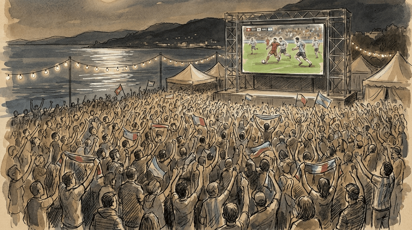 Plus d'un millier de supporters suisses réunis dans la fan zone des quais de Nyon, drapeaux rouges à croix blanche en main, pour suivre le quart de finale de la Nati contre l'Argentine dans la nuit du 11 au 12 juillet 2026.