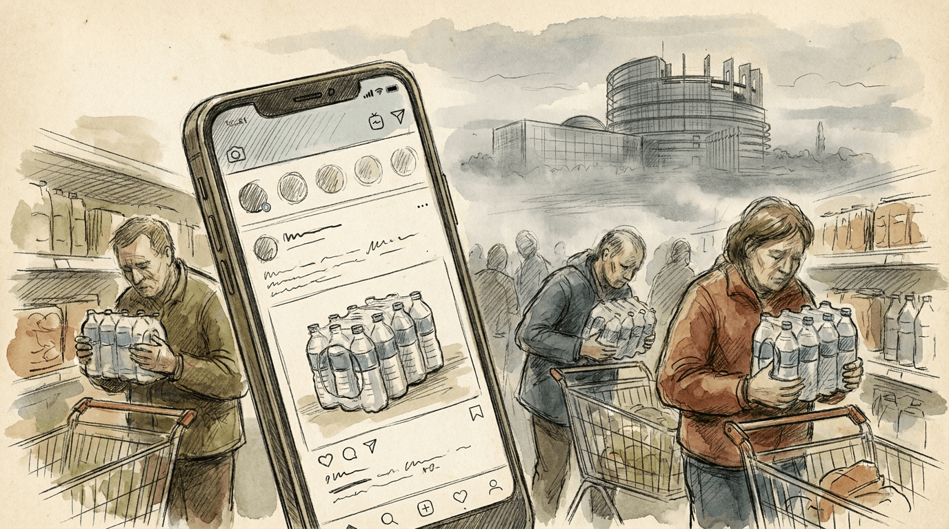 Illustration de clients perplexes dans un rayon de supermarché tenant des packs d'eau, un écran de smartphone au premier plan affichant une publication sur les réseaux sociaux, avec en arrière-plan la silhouette floue du Parlement européen.