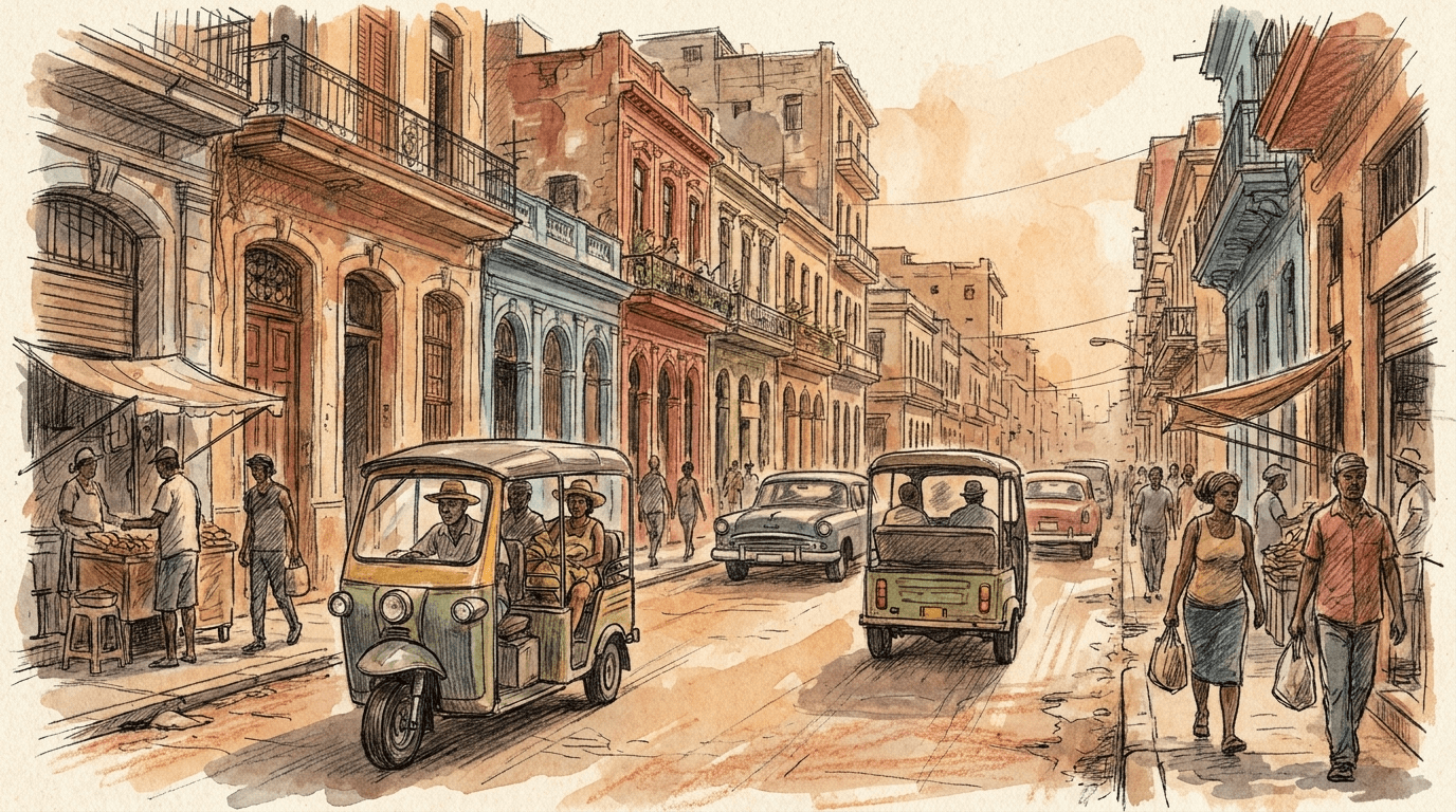 Triporteurs électriques chinois circulant sur un boulevard colonial de La Havane : des passants et des vendeurs bordent une rue aux façades colorées délabrées, tandis que les tuk-tuks remplacent les voitures américaines des années 1950 disparues des rues cubaines.