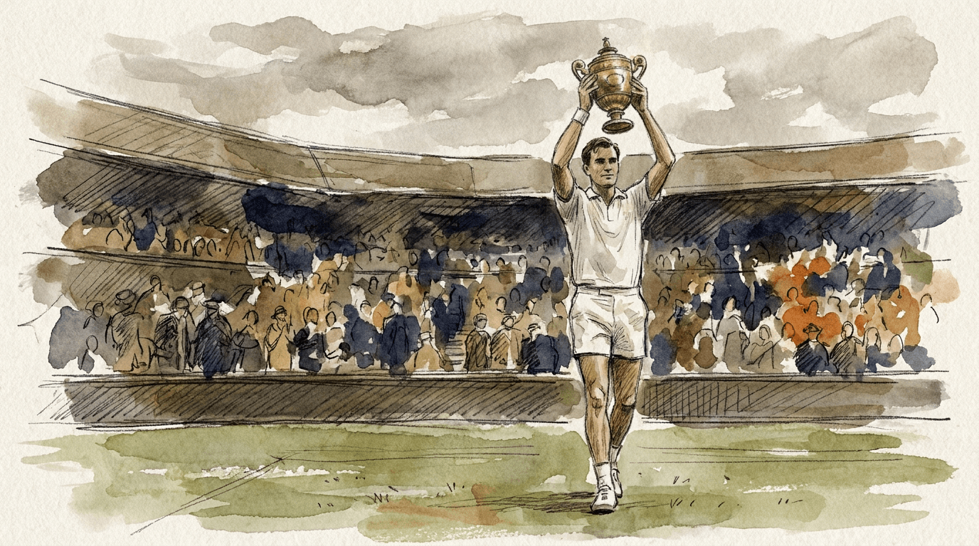Journalistische Zeichnungsillustration eines Tennischampions, der auf dem Rasenplatz von Wimbledon die Trophäe in die Höhe reckt, während die Zuschauer auf den Tribünen jubeln.