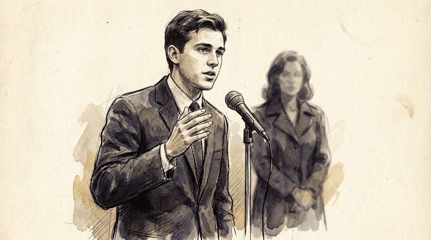 Journalistische Aquarell- und Tuscheillustration eines Politikers im dunklen Anzug am Mikrofon, mit einer weiblichen Silhouette im Hintergrund, die das Duo Bardella–Le Pen im Vorfeld der französischen Präsidentschaftswahl 2027 andeutet.