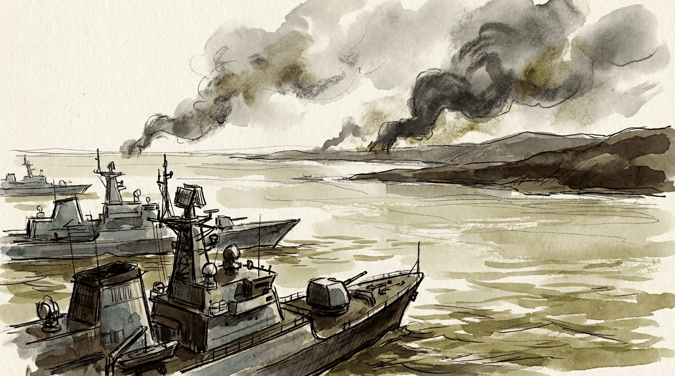 Journalistische Aquarell-Tuschezeichnung mit Kriegsschiffen im Hormusstraße im Persischen Golf, schwarzer Rauch am Horizont als Symbol für die US-Militärangriffe auf den Iran und die Auseinandersetzung um den strategischen Seeweg.
