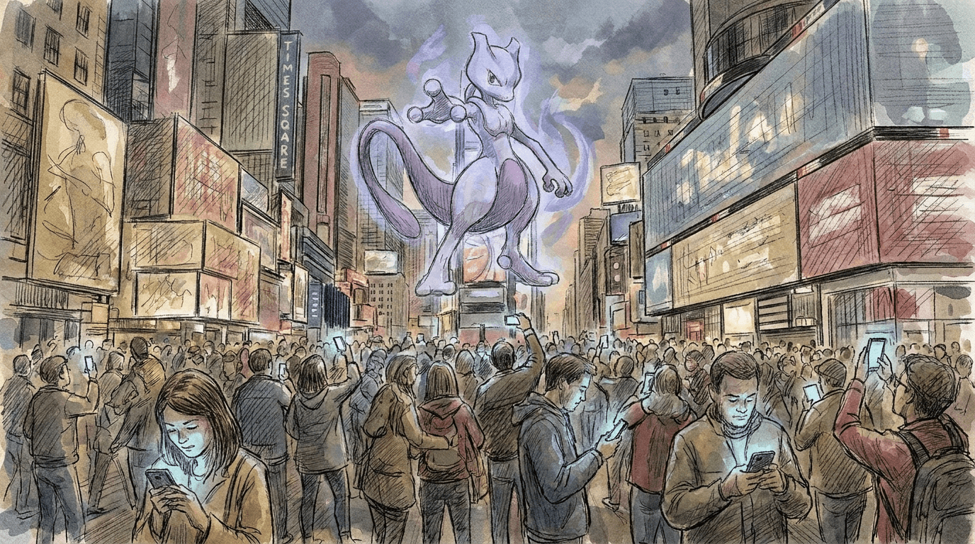 Illustration de centaines de joueurs réunis à Times Square, New York, téléphones levés vers le ciel pour combattre un Mewtwo géant, lors des célébrations du 10e anniversaire de Pokémon Go.