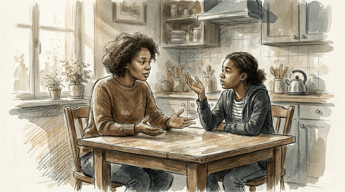 Illustration aquarelle d'une mère et de sa fille adolescente noires en conversation intime autour d'une table de cuisine, évoquant le rôle des échanges mère-fille dans la construction identitaire pendant la puberté.