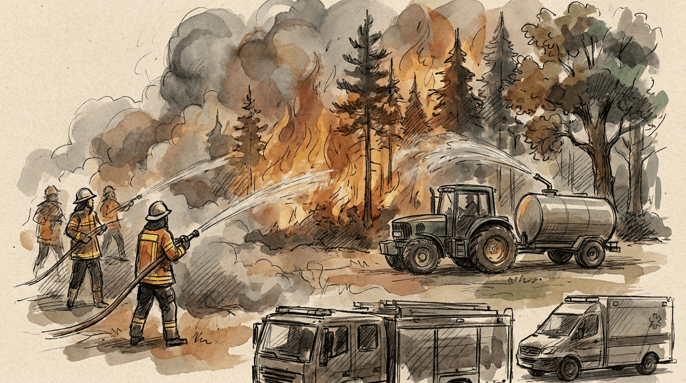Illustration de presse en style aquarelle et encre : pompiers et agriculteur sur tracteur-citerne luttant contre un incendie de forêt à Fontainebleau, sous une épaisse fumée grise et orangée.