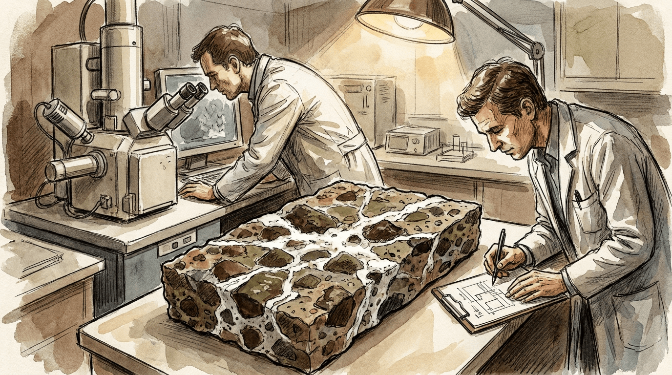Deux chercheurs en laboratoire examinent une coupe transversale d'une dalle de béton romain vieille d'environ 1 900 ans, révélant des fragments de roche volcanique et des formations de calcite blanche comblant fissures et pores.
