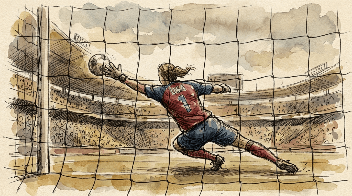 Illustration journalistique à l'aquarelle et à l'encre représentant un gardien de but plongeant pour effectuer une parade lors d'un match de MLS dans un stade américain