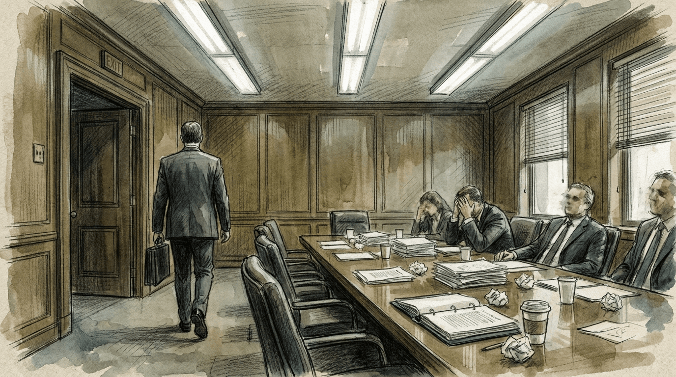 Journalistische Skizzenillustration: Ein Mediendirektor mit Aktenkoffer verlässt einen Vorstandssaal, auf dem Konferenztisch liegen abgelehnte Strategiepapiere, während die Kollegen sitzen bleiben und ihm nicht nachsehen.