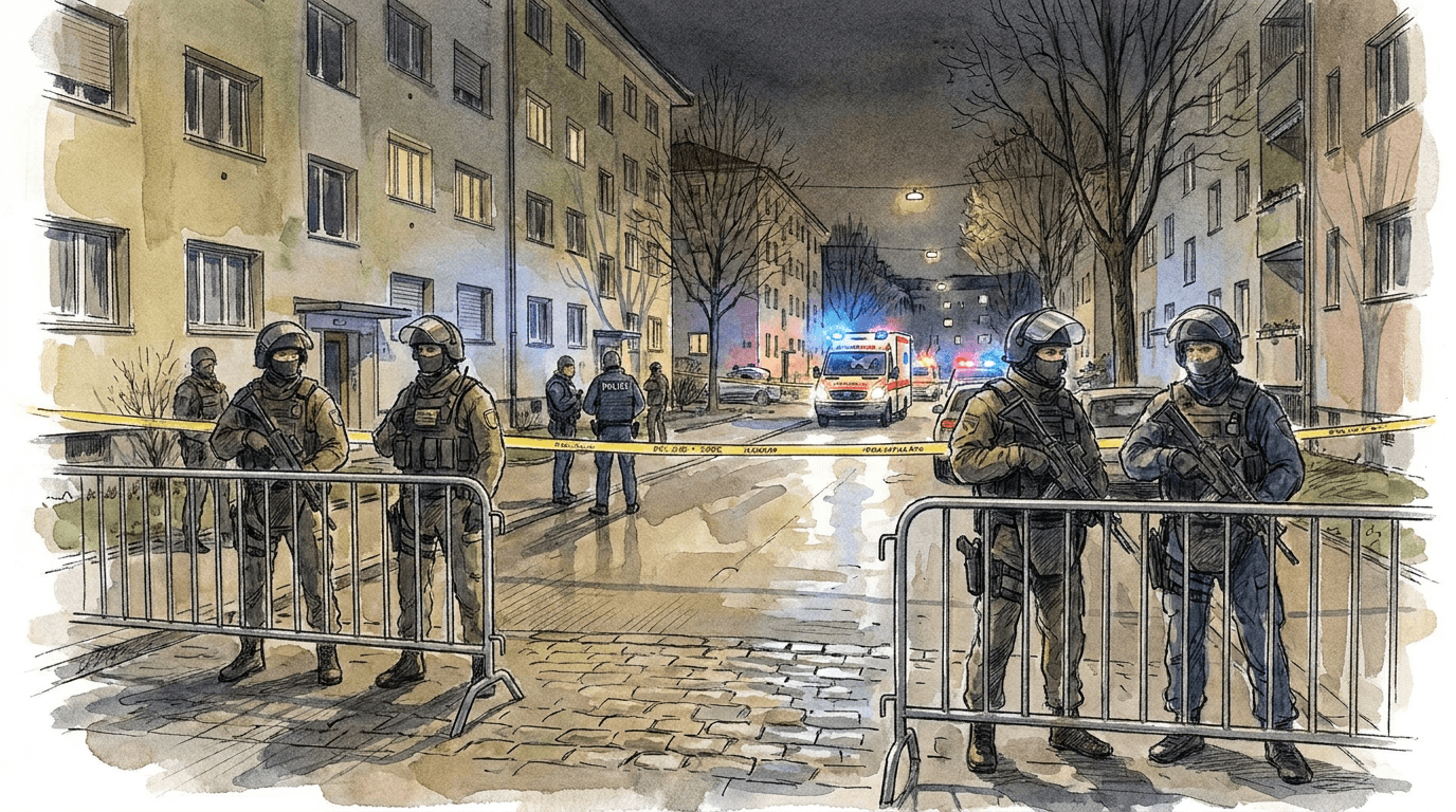 Illustration de presse : policiers lourdement armés postés derrière des barrières dans une rue résidentielle de Winterthur la nuit, gyrophares bleus et rouges, ambulance en arrière-plan et drone en vol lors d'un important déploiement de la Stadtpolizei dans le quartier de Seen.