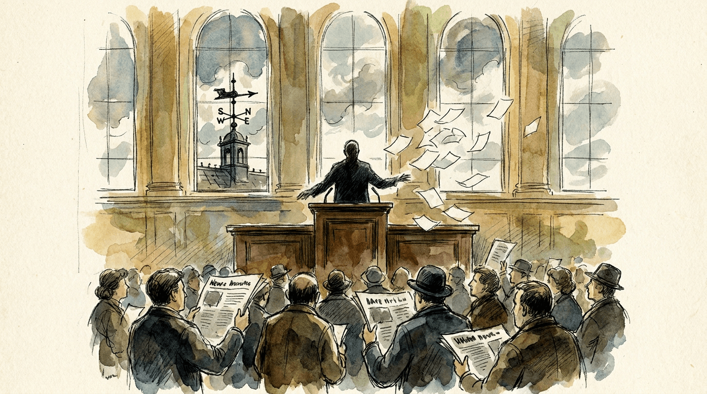Une silhouette anonyme à une tribune dans une salle d'assemblée, des papiers s'envolant dans un courant d'air, une girouette en fer visible à travers les fenêtres en arc de cercle, des silhouettes dans l'assistance tenant des journaux aux manchettes contradictoires.